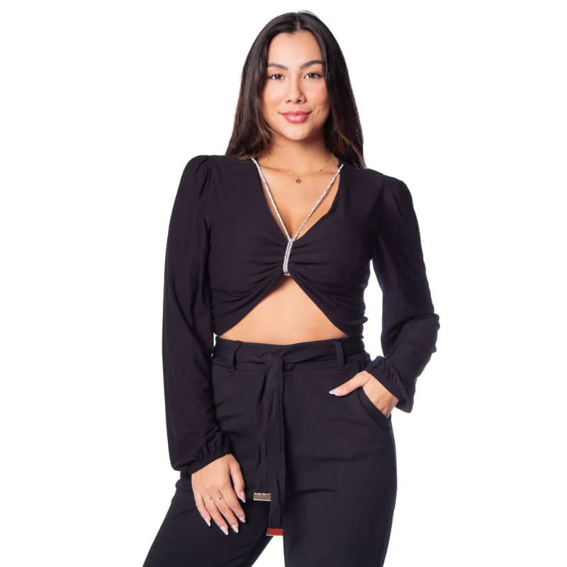 Blusa Cropped Feminina Rovitex Com Tira de Strass Preto - M