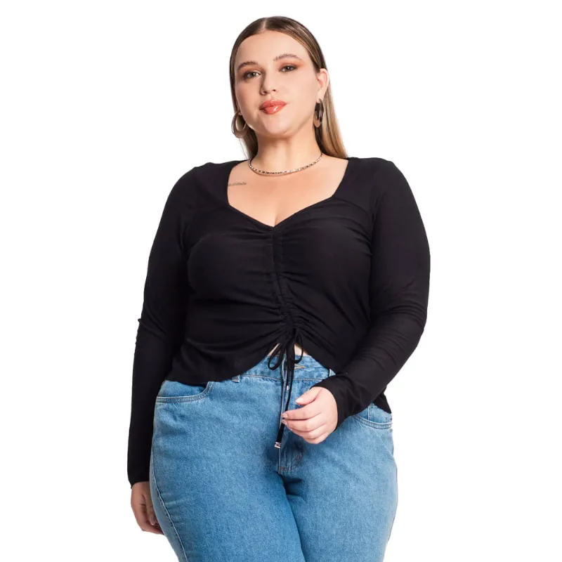 Blusa Feminina Rovitex Plus Size Manga Longa com Franzido Preto - G2