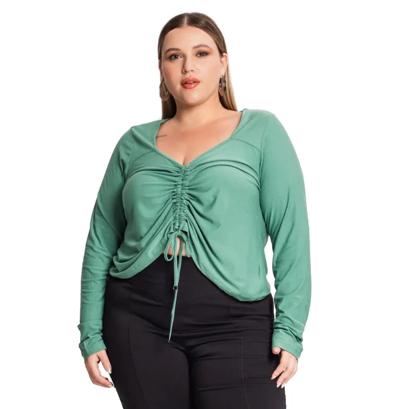 Blusa Feminina Rovitex Plus Size Manga Longa com Franzido Verde Claro - G2