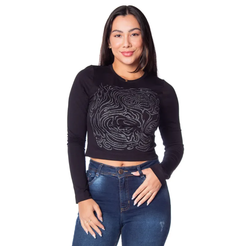 Blusa Feminina Rovitex Endless Estampa com Brilho Preto - M