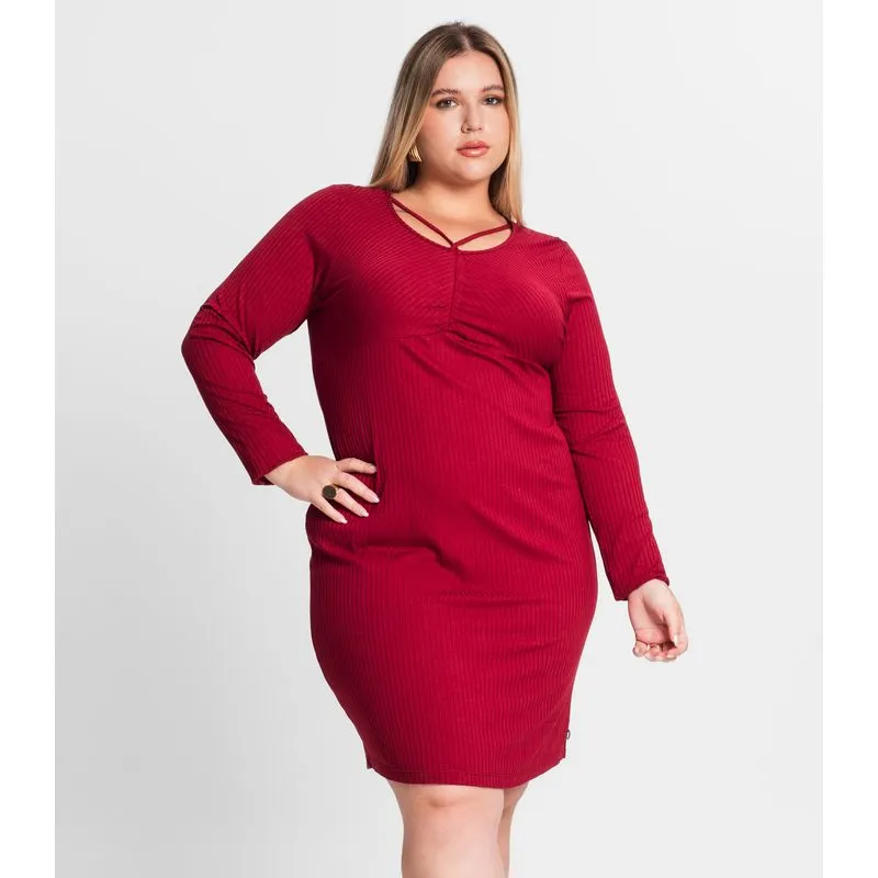 Vestido Plus Size Em Ribana Canelada Secret Glam Vermelho Plus G4