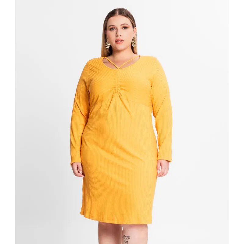 Vestido Plus Size Em Ribana Canelada Secret Glam Amarelo Plus G4