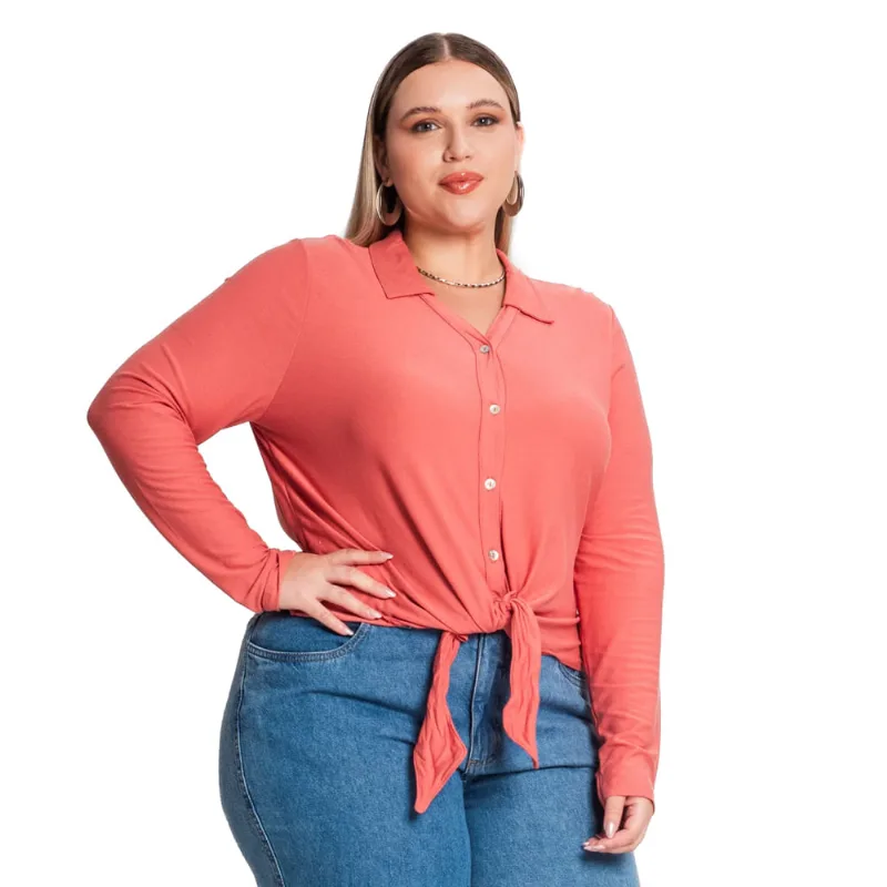 Camisa Feminina Rovitex Plus Size Em Viscose Coral - G2