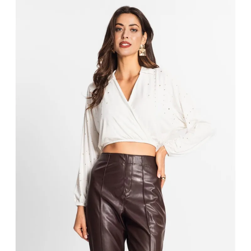 Camisa Feminina Manga Longa Com Strass Endless Bege GG