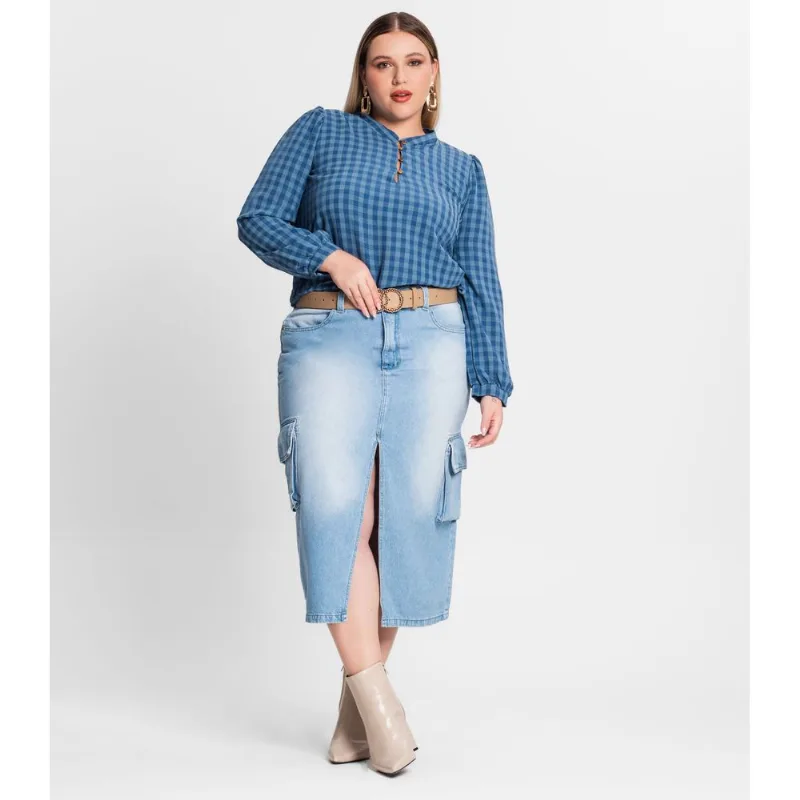 Blusa Plus Size Em Air Flow Xadrez Secret Glam Azul Plus G1