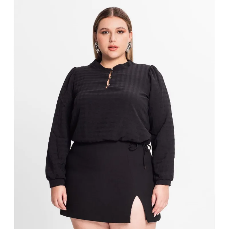 Blusa Plus Size Em Air Flow Xadrez Secret Glam Preto Plus G3