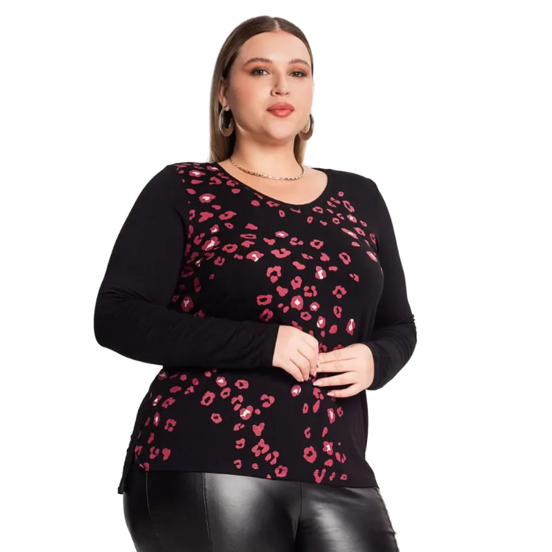 Blusa Feminina Rovitex Plus Size Secret Glam Gola V Preto - G2