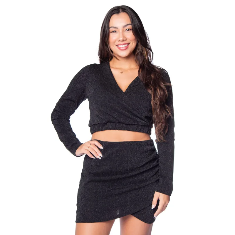 Blusa Feminina Rovitex Endless Transpassada Brilho Preto - G