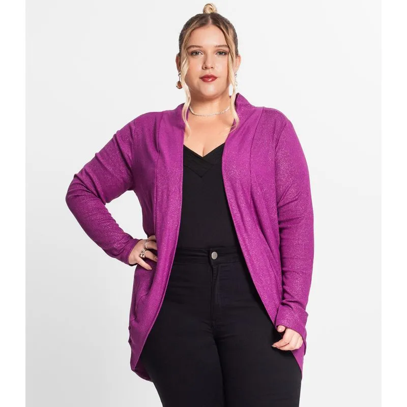 Cardigan Plus Size Em Ribana Canelada Secret Glam Roxo Plus G3