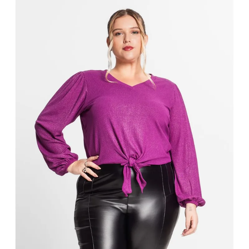 Blusa Manga Longa Em Ribana Canelada Secret Glam Roxo Plus G3