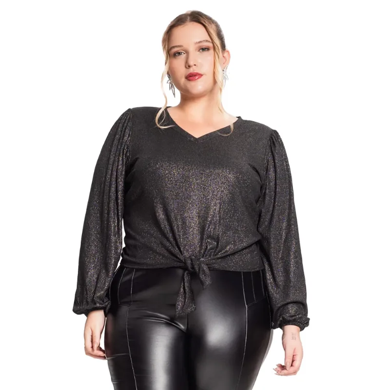Blusa Feminina Rovitex Plus Size Lurex com Laço Preto - G2