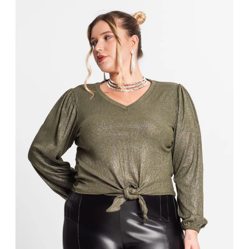 Blusa Manga Longa Em Ribana Canelada Secret Glam Verde Plus G4
