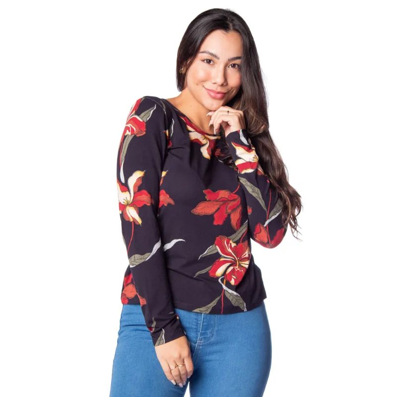 Blusa Feminina Rovitex Manga Longa Estampada Preto - M