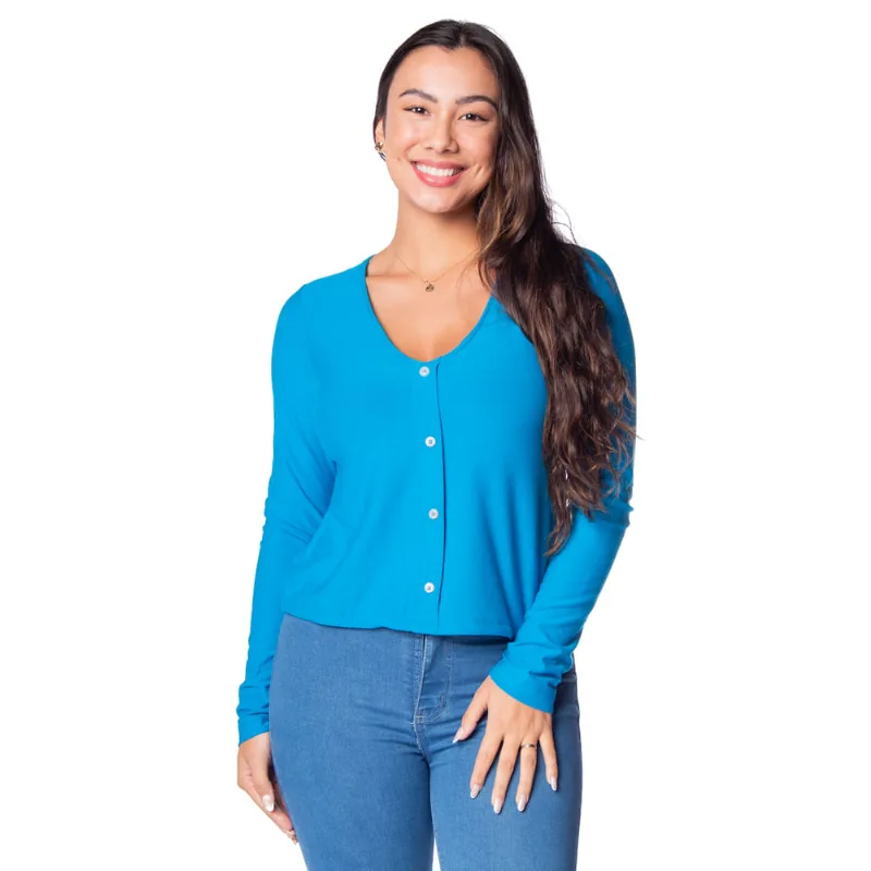 Camisa Feminina Rovitex Manga Longa Com Amarração Azul - P