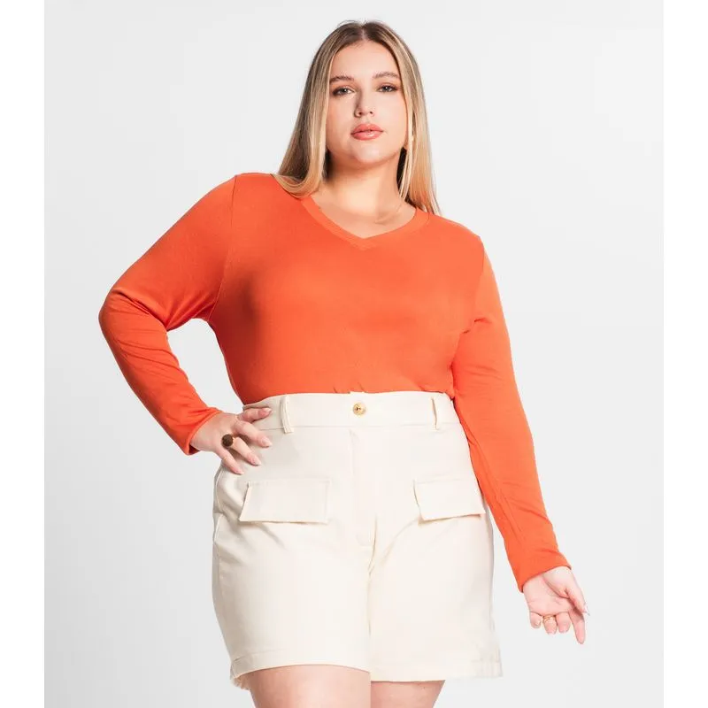 Blusa Manga Longa Visco Tricot Secret Glam Laranja Plus G4
