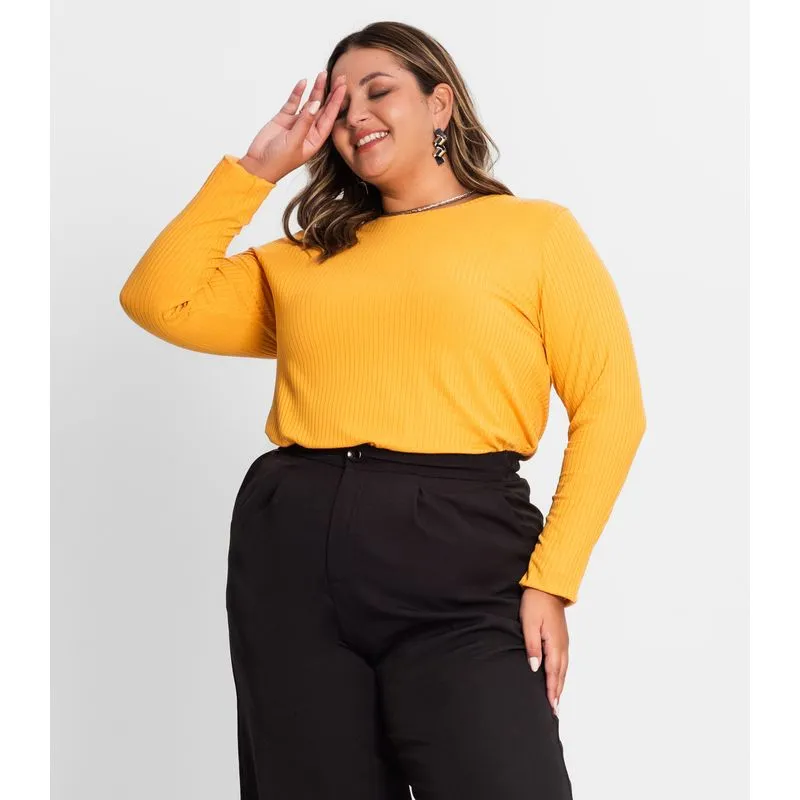 Blusa Manga Longa Ribana Canelada Secret Glam Amarelo Plus G1