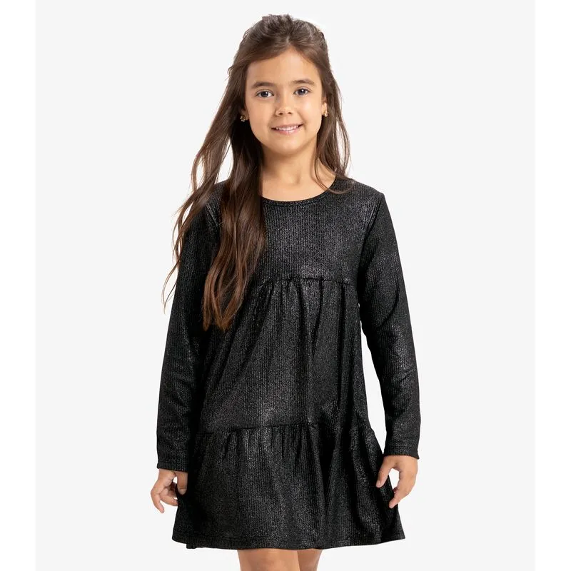 Vestido Infantil Manga Longa Canelado Rovi Kids Preto 16