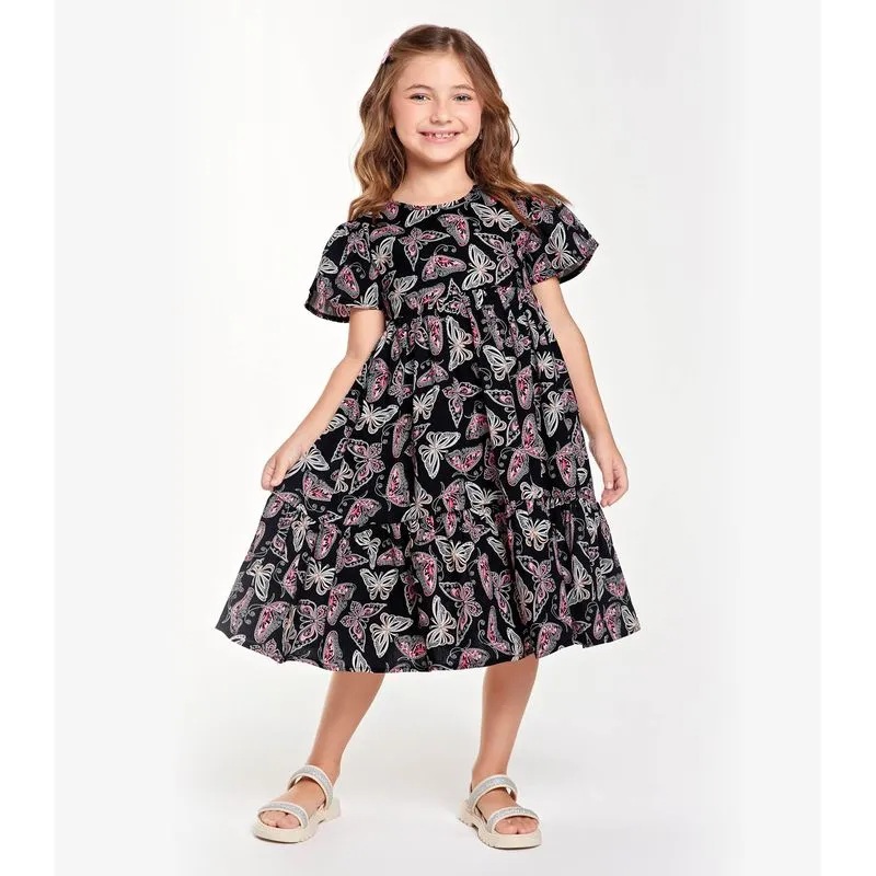 Vestido Midi Infantil Borboletas Trick Nick Preto 8