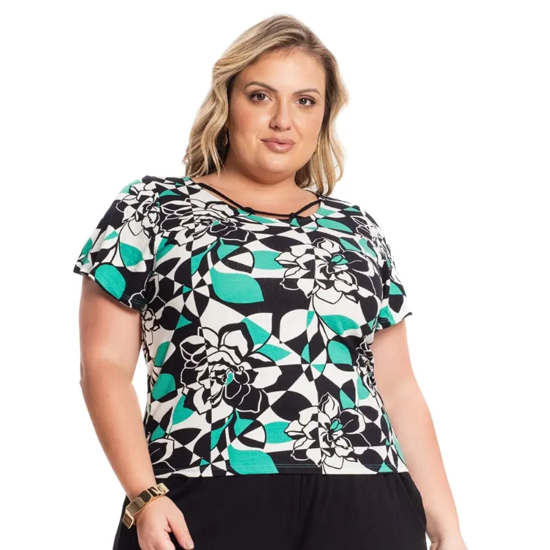 Blusa Feminina Rovitex Secret Glam Plus Size Estampada Preto/verde - G2