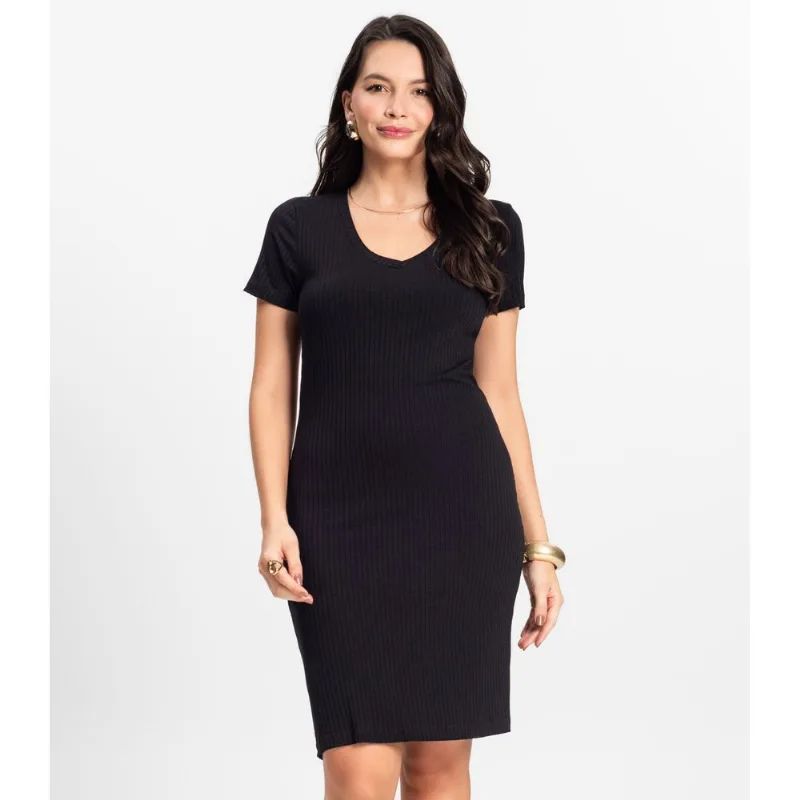 Vestido Feminino Em Ribana Canelada Rovitex Preto P
