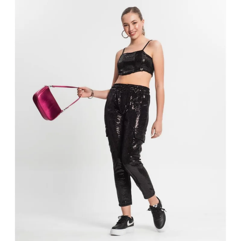 Calça Reta Juvenil Em Paetê Minty Preto 14