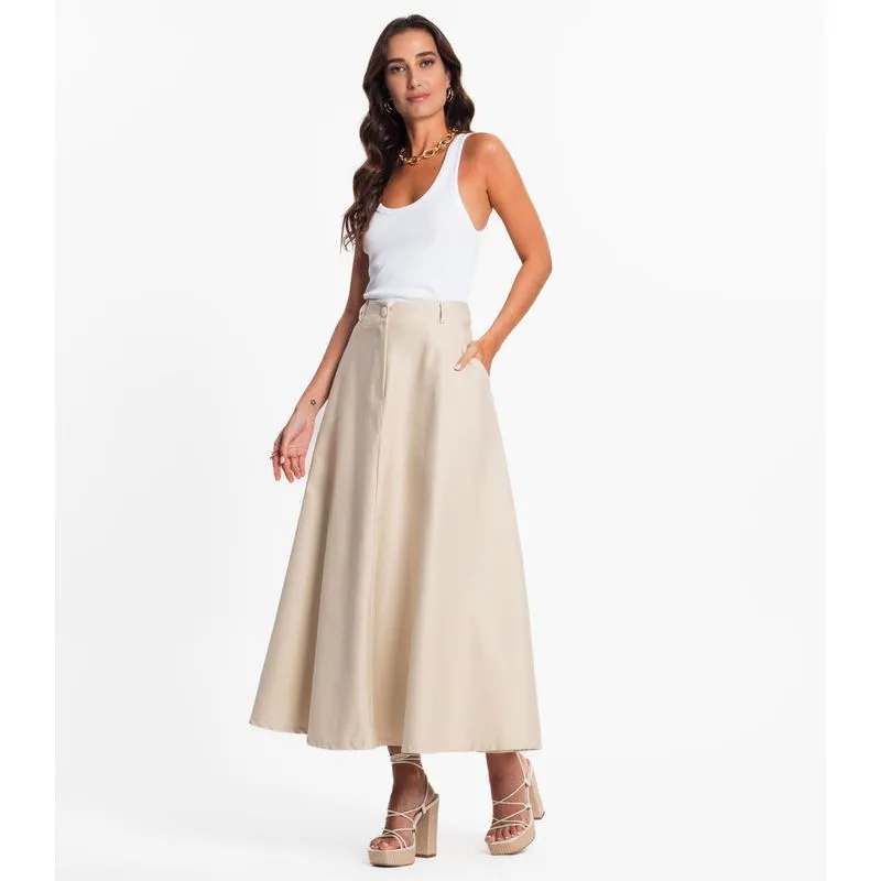 Saia Feminina Midi Godê Sarja Com Bolso Select Bege GG