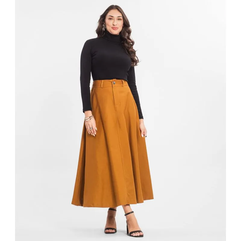 Saia Feminina Midi Godê Sarja Com Bolso Select Marrom P