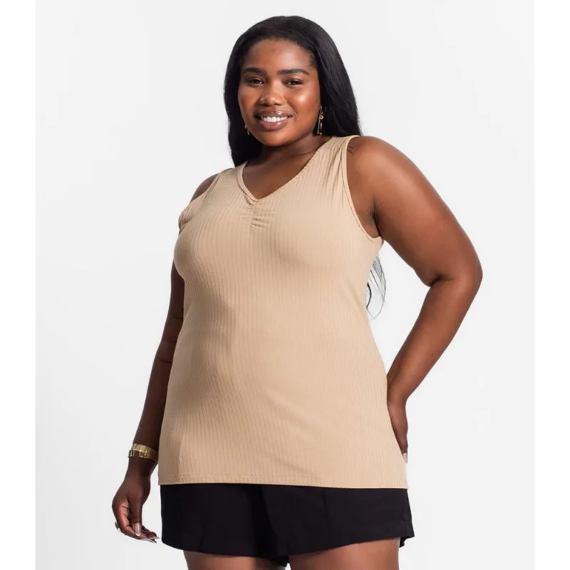 Regata Plus Size Em Ribana Canelada Secret Glam Marrom Plus G3
