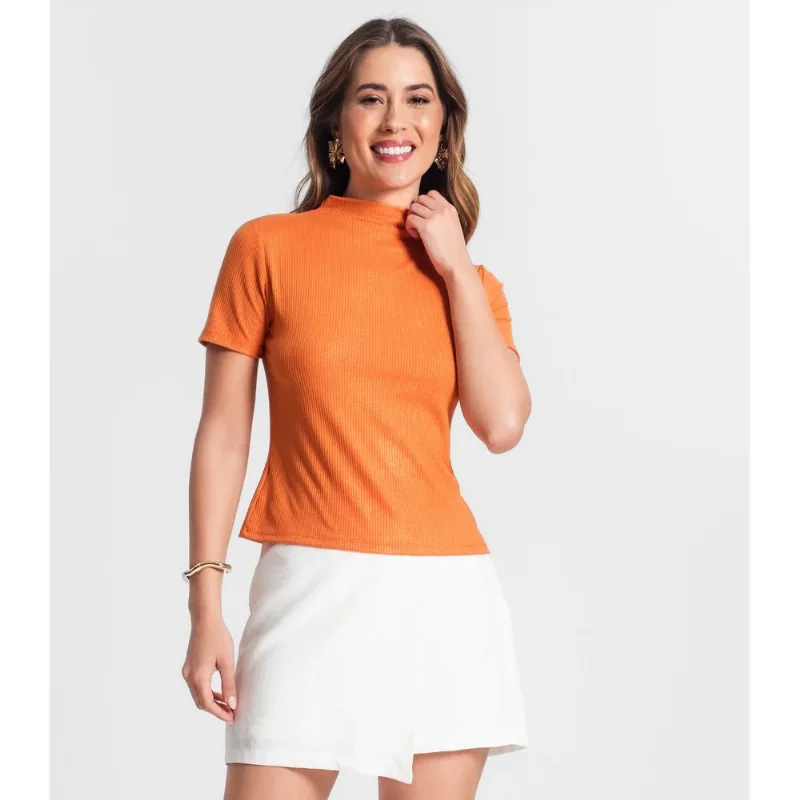Blusa Gola Alta Em Ribana Canelada Lurex Rovitex Laranja M