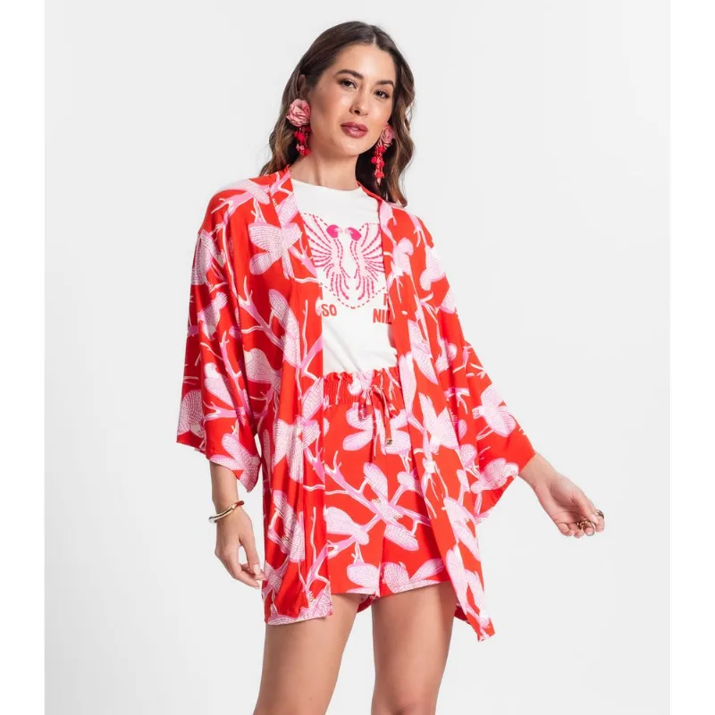 Kimono Feminino Estampa De Pássaros Laranja G