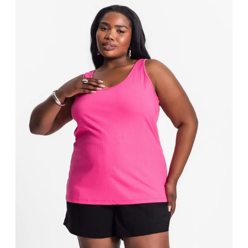 Regata Plus Size Em Ribana Canelada Secret Glam Rosa Plus G3