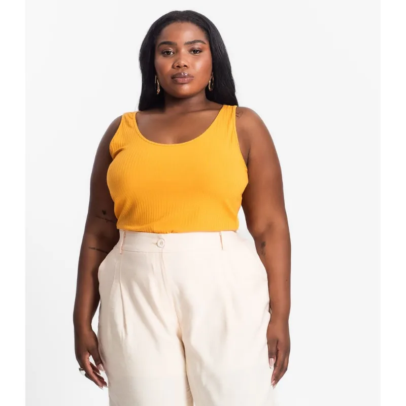 Regata Plus Size Em Ribana Canelada Secret Glam Amarelo Plus G4