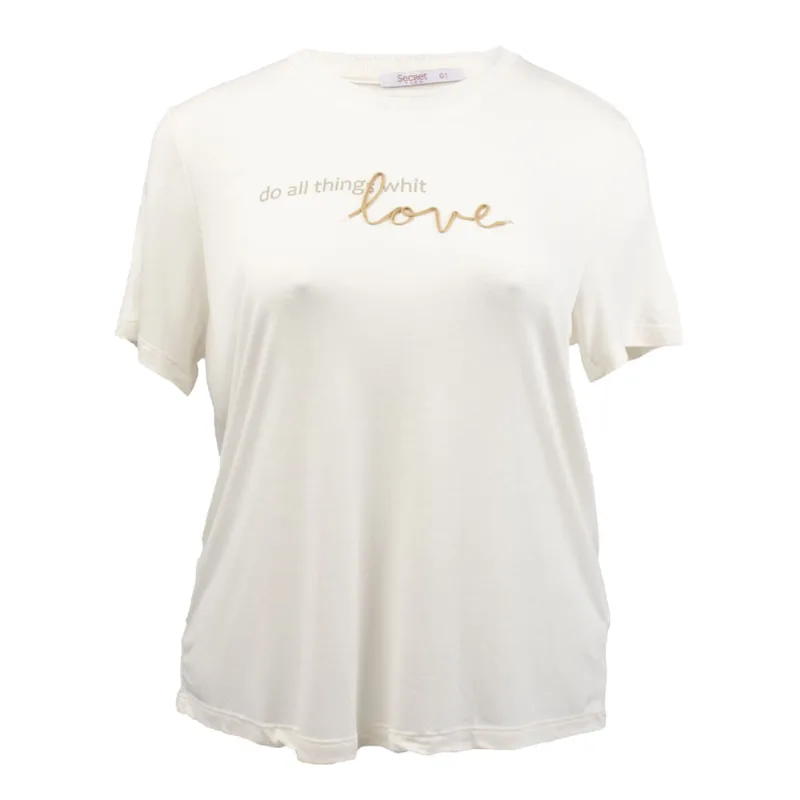 Camiseta Feminina Rovitex Plus Size Manga Curta Detalhe Gola e Estampa Love Off White - G1