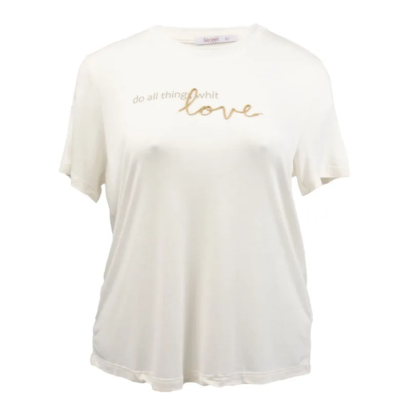 Camiseta Feminina Rovitex Plus Size Manga Curta Detalhe Gola e Estampa Love Off White - G2