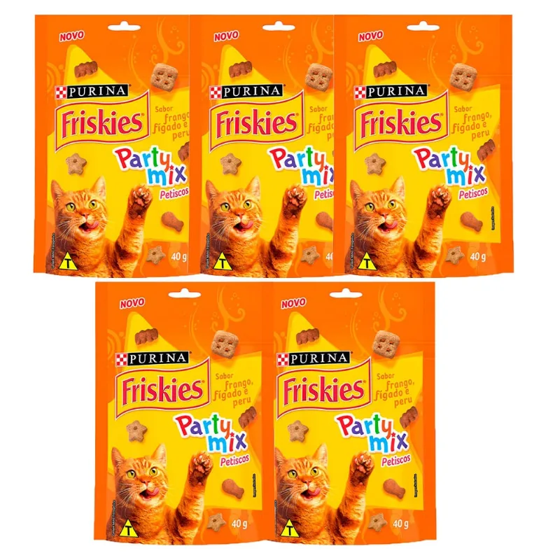 Kit 5 Un. Petisco Friskies Party Mix Para Gatos Adultos Sabor Frango 40g