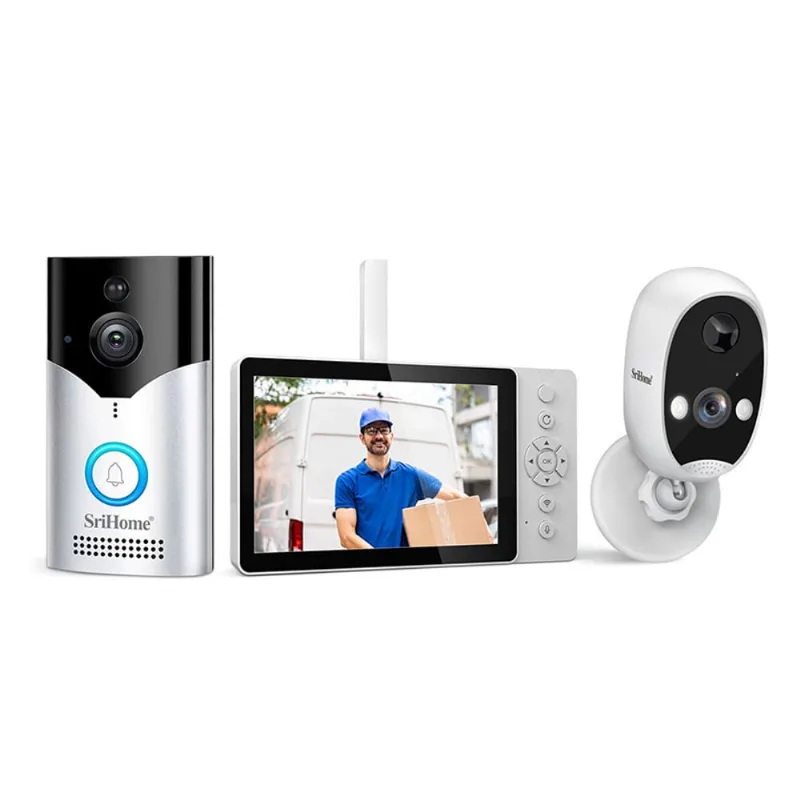 Kit Videoportero WiFi Srihome DH051 DH002 DH008 con Pantalla Batería y Cámara Adicional