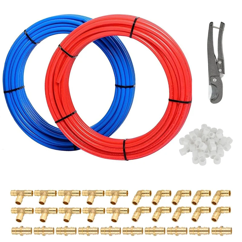 1/2" 2 x 100ft, 200ft PEX-A Tubing (Blue & Red), 1/2" Brass Expansion Elbow & Tee & Coupler (30 PCS), 1/2" Expansion Rings (100 PCS), Pipe Cutter (1/2")