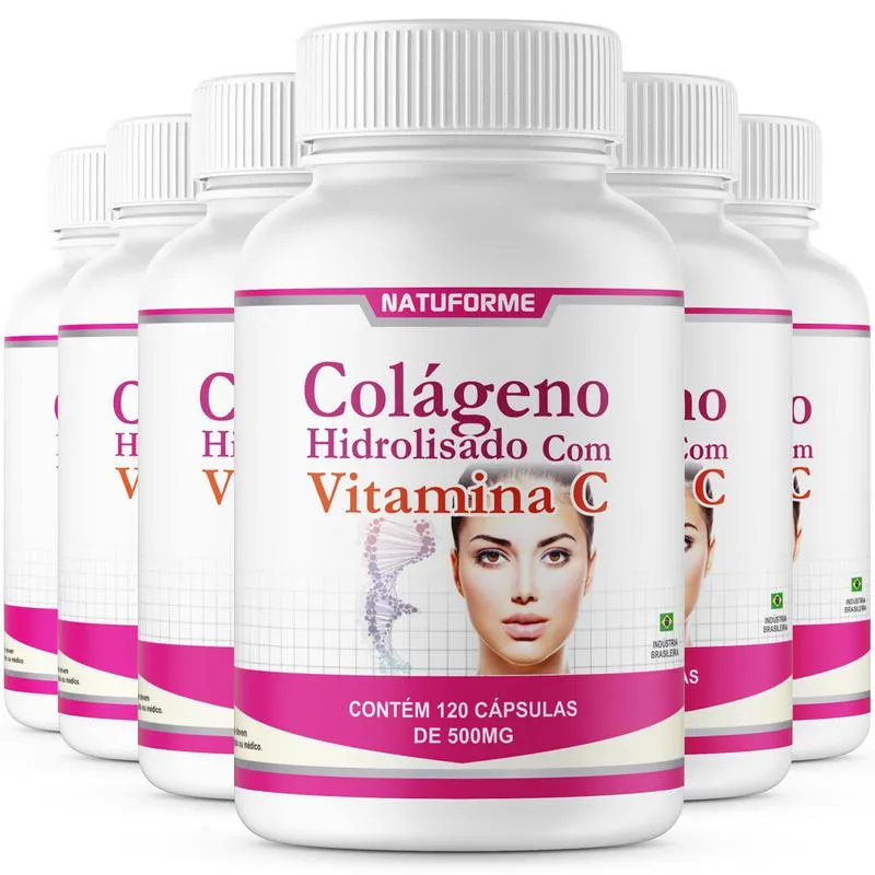 Kit 6 Potes Colágeno Hidrolisado E Vitamina C 500mg 120cps