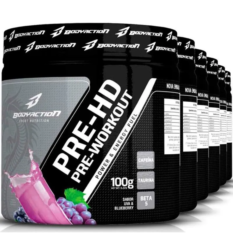 Kit 6 Potes Pre-Hd Pré-Workout 100G Uva & Blueberry Body Action