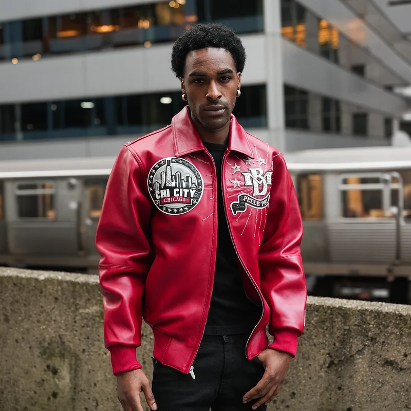 Pelle-Pelle X TB Exclusive Men's Chi City Leather Jacket Red Black Grey / XL