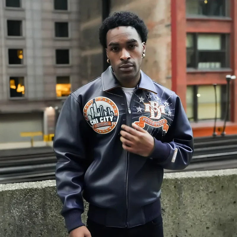 Pelle-Pelle X TB Exclusive Men's Chi City Leather Jacket Navy Orange White / 3XL