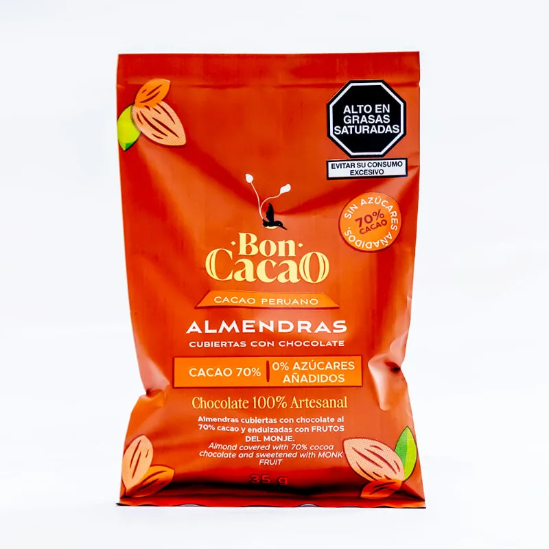 Almendras cubiertas en chocolate sin azúcar añadido x 35g.