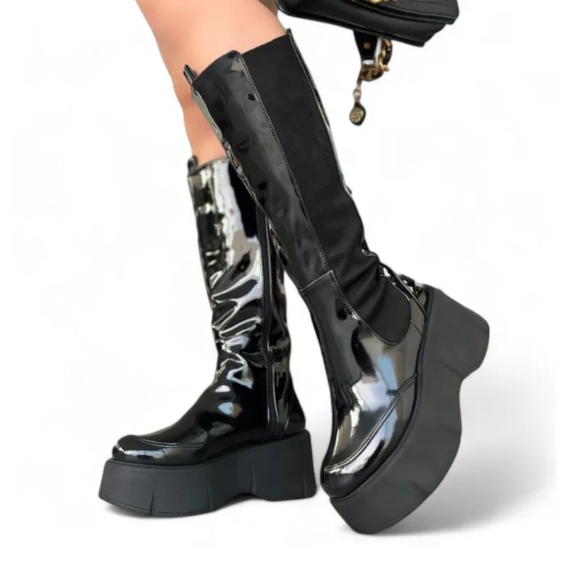 Bota Mujer Especial Plataforma 7 Charol 2086L-75 Color Negro Talla 36