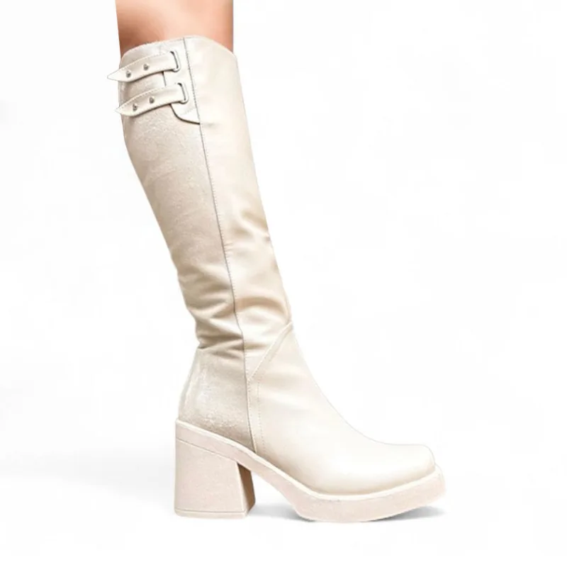 Botin Mujer Punta Cudrada Taco 7 2086L-75 Color Perla Talla 38