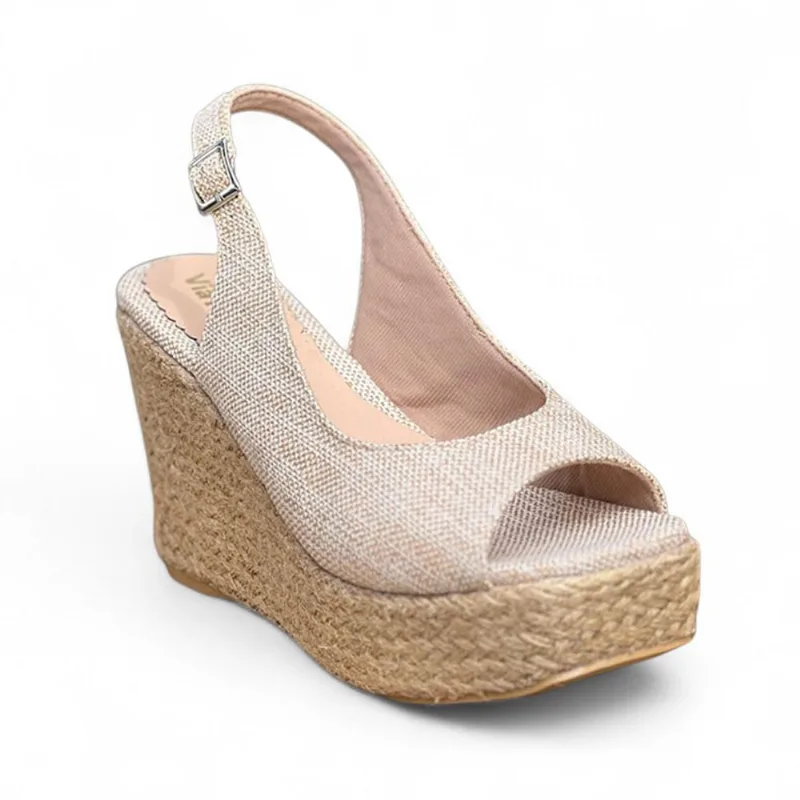 Sandalia Mujer Media Estacion Taco 9 2086L-60 Color Beige Talla 39
