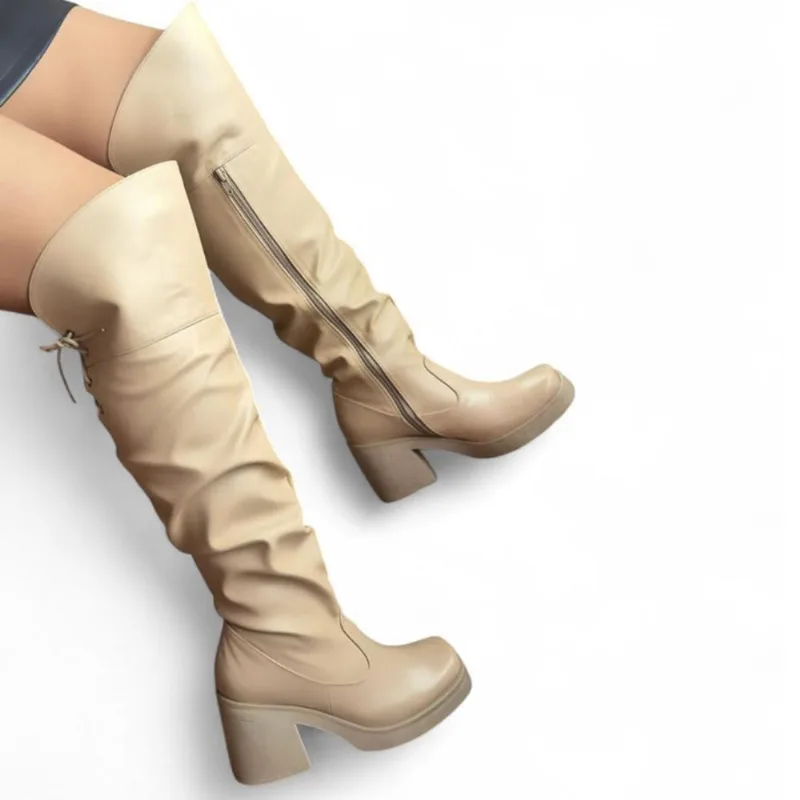 Bota Mujer Larga Taco 7 1177 5C-78 Color Beige Talla 39