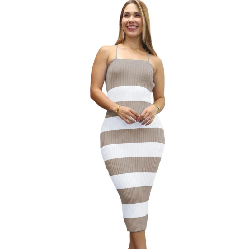 Vestido Mujer Hilo Tacto Maxi Rayas 359G-25 Color Crudo Talla M