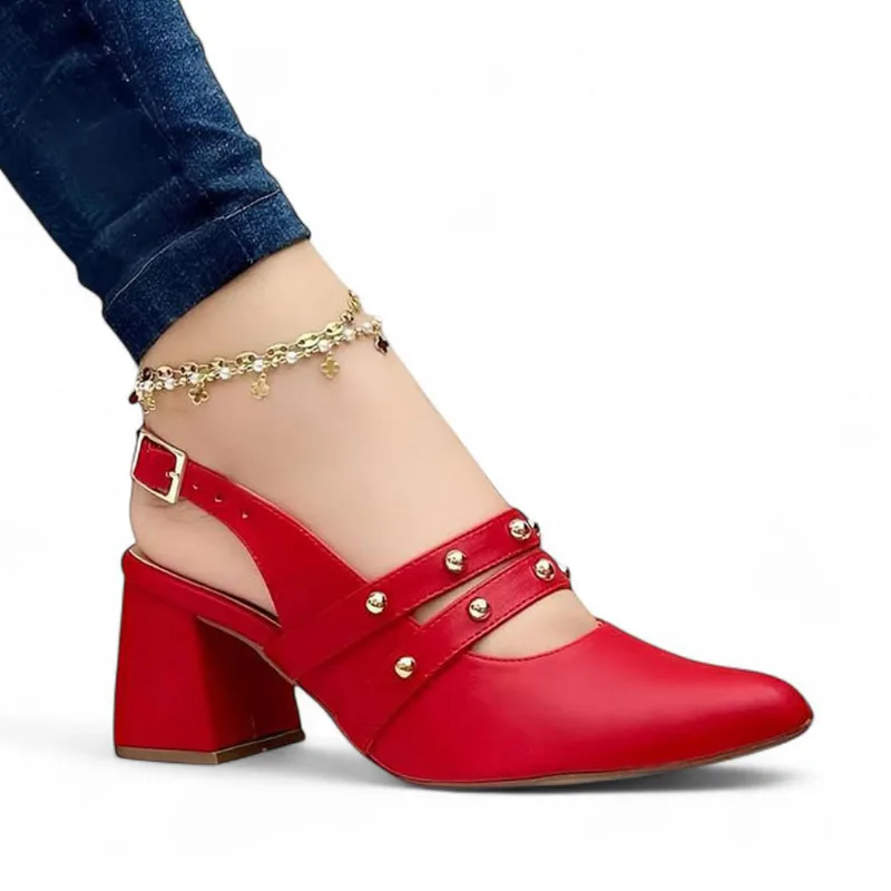 Sandalia Mujer Taco 5 Punta Redonda 1022L-60 Color Rojo Talla 39