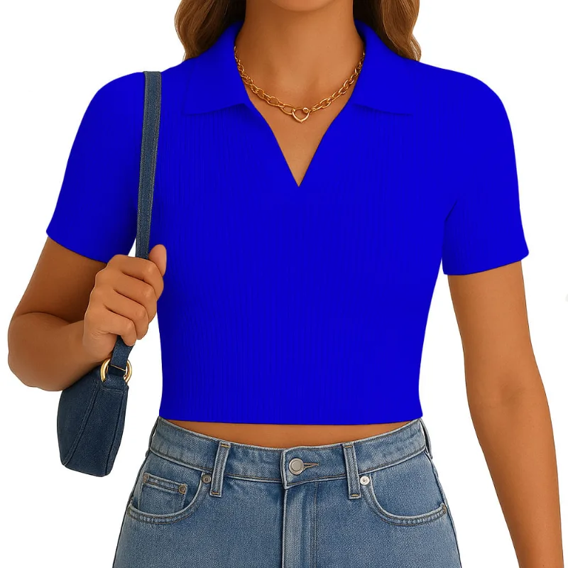 Polo Mujer Camisero Manga Corta New 710-13 Rib Grueso Color Azulino Talla S