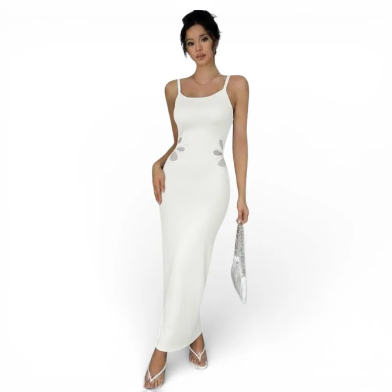 Vestido Maxi Hilo Flores Laterales 359-26 Color Blanco Talla S